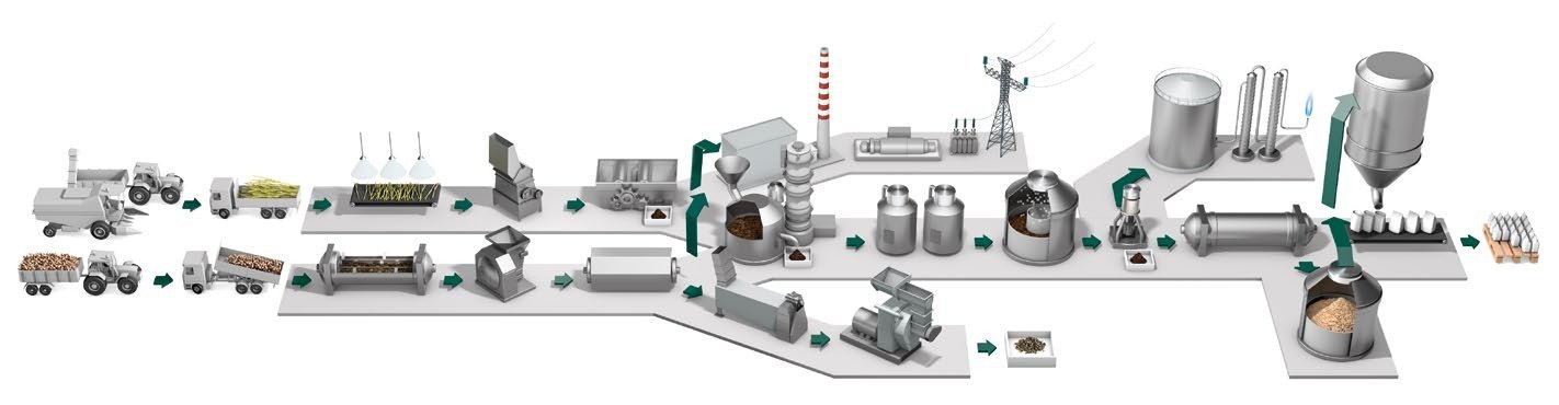 Ilustración de un ingenio azucarero, de izquierda a derecha: cosechadora, tractor y camión cañero, mesa de recepción, desfibradora y molinos; horno de cal, turbogenerador y torre eléctrica; evaporadores, tacho de cristalización, centrífuga, columnas de destilación, secadora, silo y línea de empaque. Abajo a la izquierda, la línea de la remolacha azucarera.