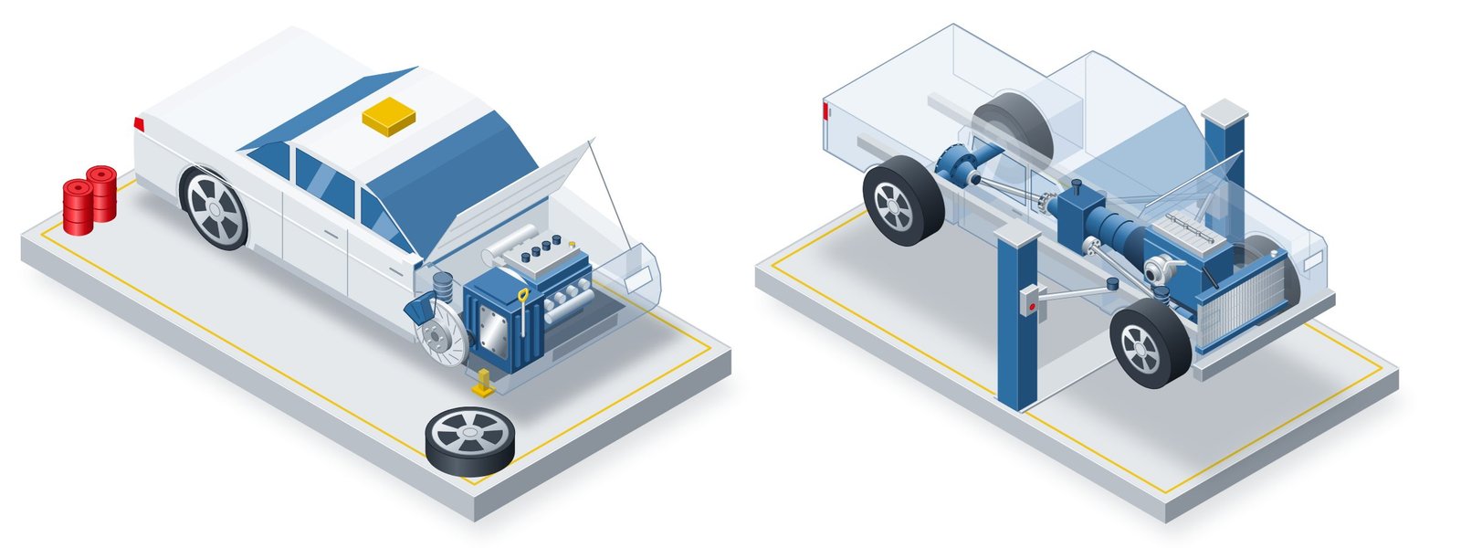 Ilustración isométrica de un taller de flota liviana con dos losas de servicio. A la izquierda, un sedán taxi con el capó abierto deja ver el motor a gasolina, la caja automática con su varilla de nivel y el freno de disco delantero. A la derecha, una camioneta 4x4 sobre un elevador, con la carrocería translúcida, muestra el motor diésel turbo, el radiador, la caja de cambios, la transferencia y el diferencial trasero con sus ejes.
