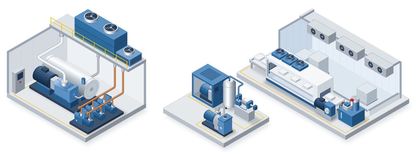 Planta de frío industrial en vista isométrica sobre tres losas grises. A la izquierda, la sala de máquinas tiene un compresor de tornillo de amoníaco con su separador de aceite y su condensador evaporativo en el techo, y al lado compresores semiherméticos con circuito de cobre y condensador propio enfriado por aire. En el centro, un compresor de aire en gabinete con tanque pulmón y actuador neumático, y una bomba de vacío de paletas con separador de niebla. A la derecha, una cámara frigorífica con evaporadores de techo y un túnel de congelación de banda con motorreductor y central hidráulica.