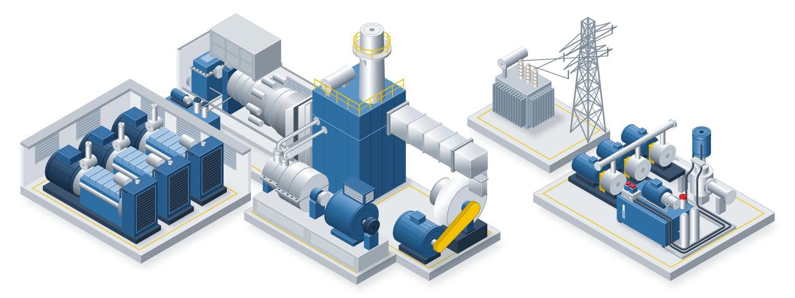 Ilustración isométrica de una central térmica, vista de izquierda a derecha. A la izquierda hay una sala abierta con tres grupos electrógenos diésel. Al centro, una turbina de gas en su cabina con el reductor y la consola de aceite, cuyo escape entra a una caldera de recuperación con chimenea. De la caldera salen tuberías de vapor hacia una turbina de vapor acoplada a su generador, y al lado hay un ventilador con motor eléctrico y transmisión por correa, unido a la caldera por un ducto. A la derecha están el transformador y una torre de transmisión, y un patio de servicios con una fila de motobombas y una unidad hidráulica cuyas mangueras van por una bandeja en el piso hasta el actuador de una válvula.