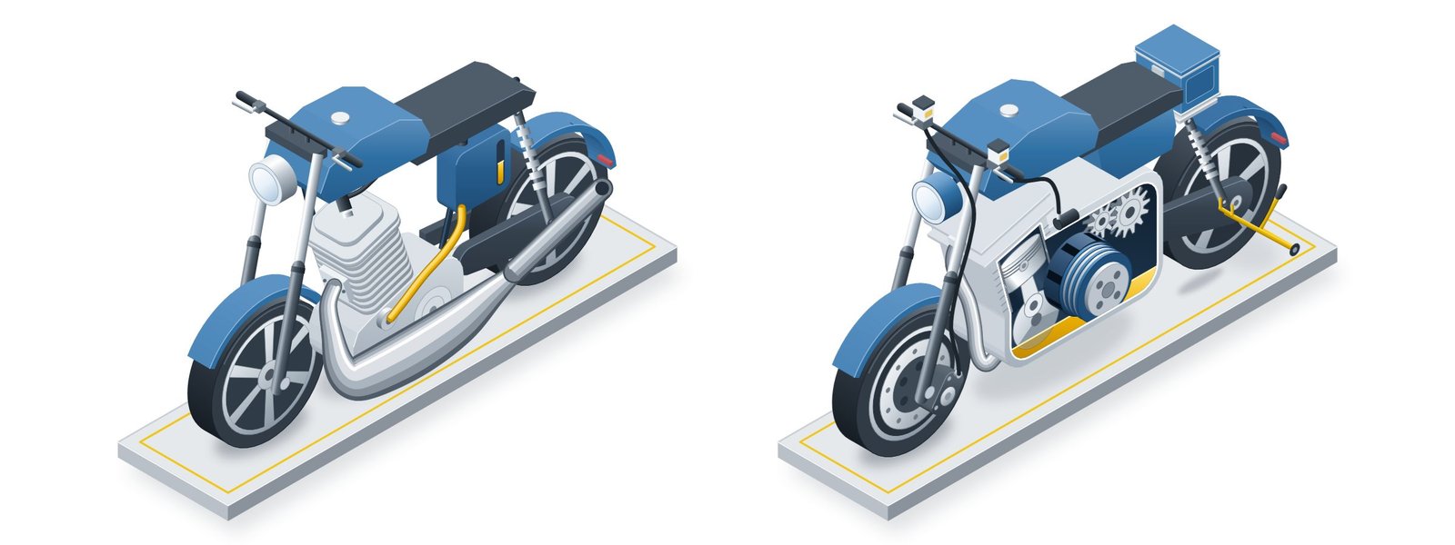 Ilustración isométrica de dos motocicletas azules sobre losas grises de taller. A la izquierda, una moto de dos tiempos con cilindro de aletas, depósito de aceite autolube con su manguera y cámara de expansión. A la derecha, una moto de cuatro tiempos sobre caballete con el motor en corte: se ven el pistón dentro de su camisa, la biela y el cigüeñal en baño de aceite, el embrague húmedo y la caja de cambios, además de los frenos hidráulicos de disco con sus depósitos en el manubrio.