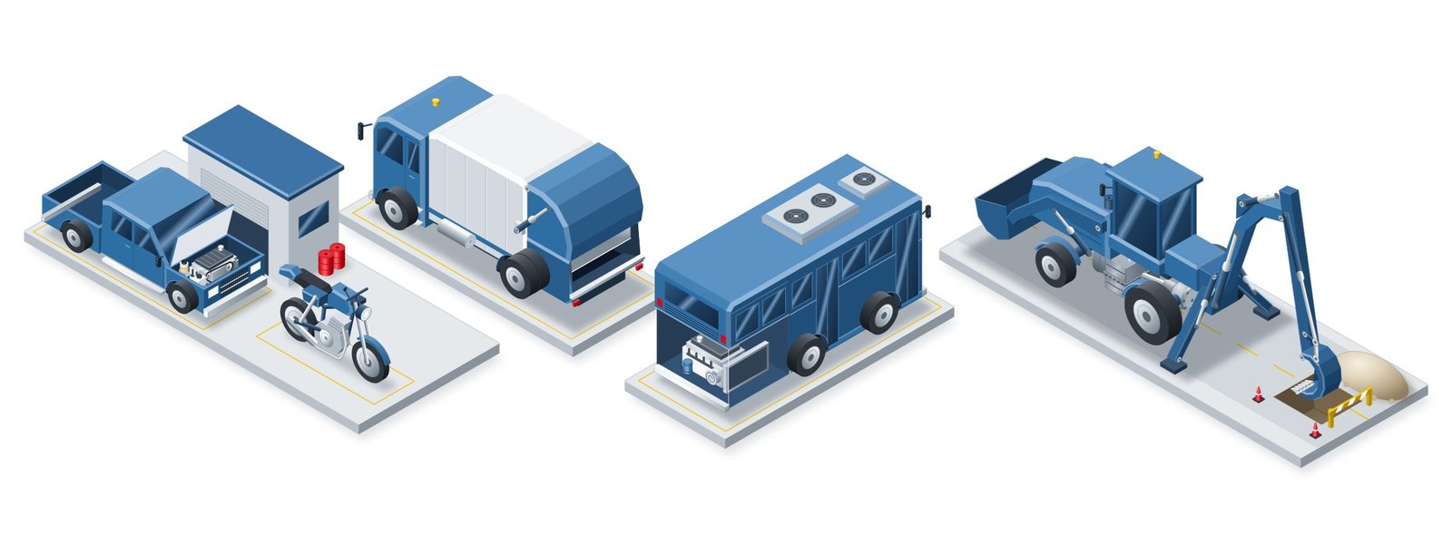Ilustración isométrica de un patio de flota municipal en tonos azules sobre losas grises: una camioneta con el capó abierto junto a un taller y una motocicleta, un camión recolector de basura con su compuerta, un bus urbano con el motor trasero a la vista en corte y una retroexcavadora que excava una zanja en un tramo de vía en obra.