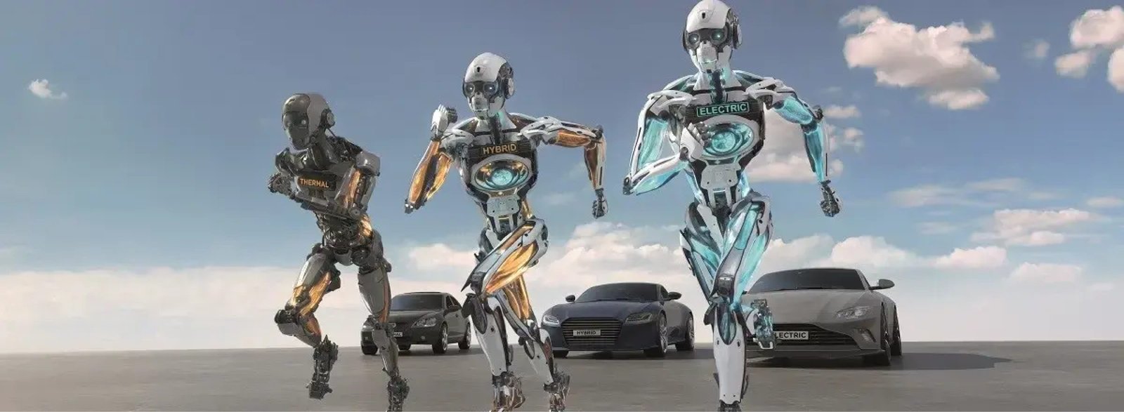 Tres robots rotulados THERMAL, HYBRID y ELECTRIC (térmico, híbrido y eléctrico) corren delante de tres autos