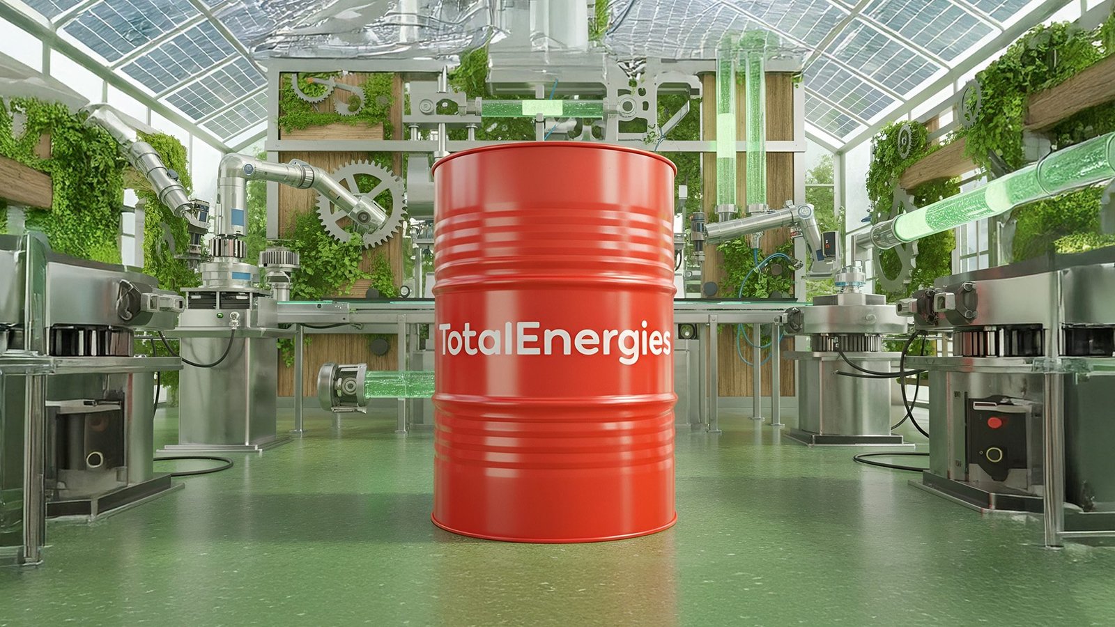 Tambor rojo TotalEnergies en el centro de una planta de manufactura con techo de vidrio y vegetación, brazos robóticos, engranajes y máquinas